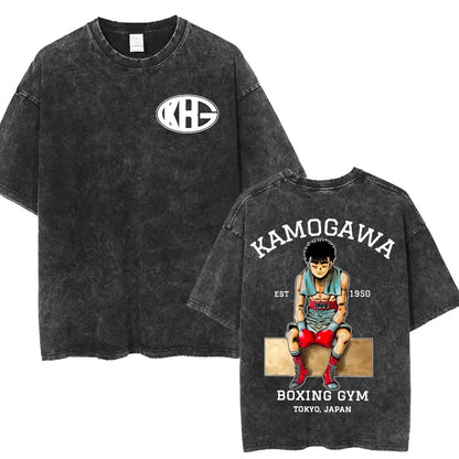 Anime Ippo Makunouchi Manga Graphic Print T-shirt Retro Washed Cotton Oversized Men Women Summer Harajuku Fashion Casual New Tee