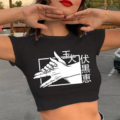 Jujutsu Kaisen: T Shirt Gojo Satoru Tops Yuji Itadori Cropped Tees T-shirt