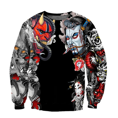 I.L.F.A.: Japanese Mythology Mask Printed Sweatshirt Men's Clothes Harajuku Street Pullover Top 3D Printed Mysterious Culture Sweatshirts