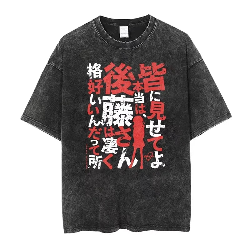 Bocchi The Rock: Manga Ryo Top Print Vintage T-Shirt Casual Basis O-Collar Black Shirt Short Sleeve Washed T-Shirt