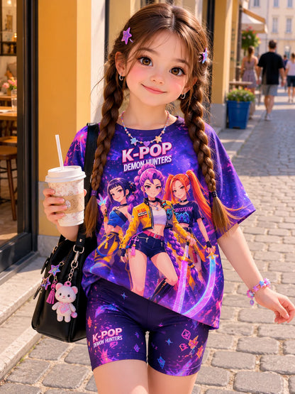 KPop Demon Hunters: Girls Purple Galaxy  2Pcs Outfit Anime Girl & Magic Cat Print Tee Neon Cat Pattern Biker Shorts Kids Summer Set
