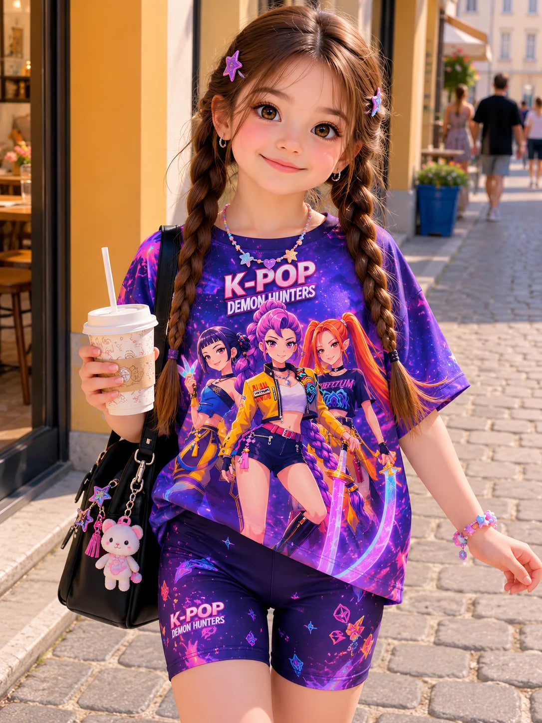 KPop Demon Hunters: Girls Purple Galaxy  2Pcs Outfit Anime Girl & Magic Cat Print Tee Neon Cat Pattern Biker Shorts Kids Summer Set
