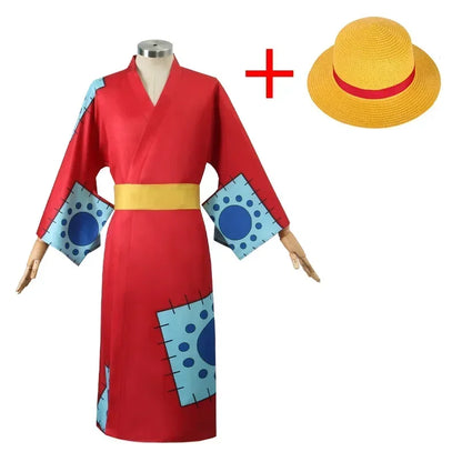 One Piece: Anime Luffy Cosplay Costume, Wano Country Monkey Cosplay Kimono pour hommes adultes chapeau cardigan rouge, olympiques Halloween