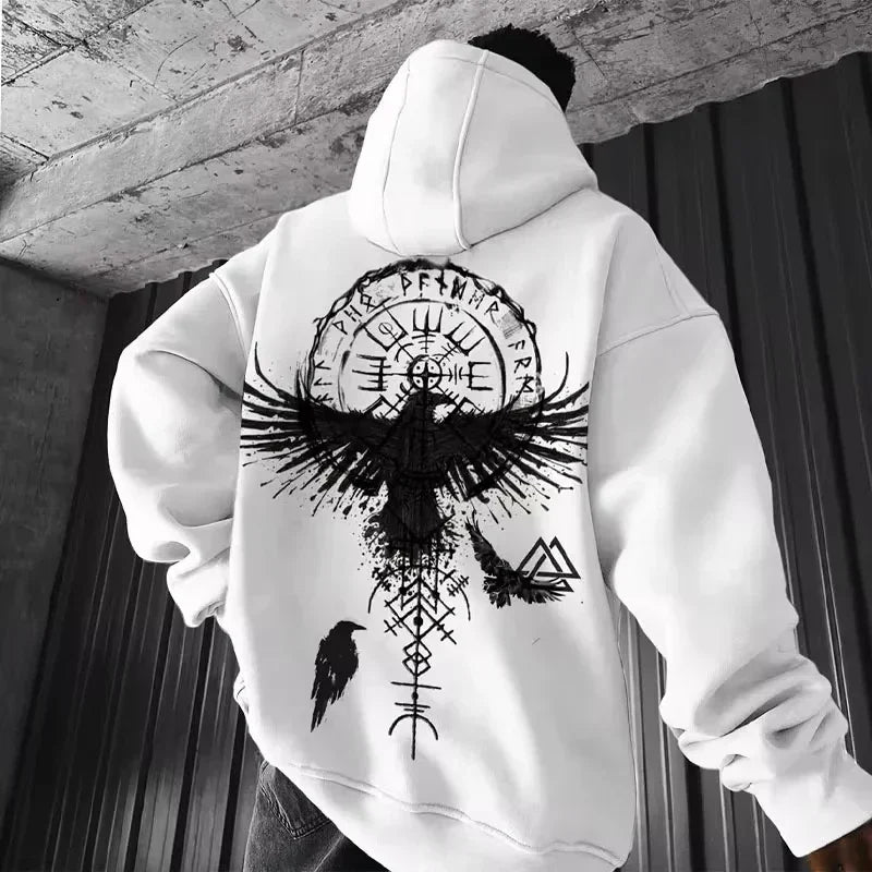 I.L.F.A. - Totem Viking Eagle Print Y2K Men Long-sleeve Hooded Sweatshirt Autumn Winter Daily Outdoor Casual Street Fashion Sportswear