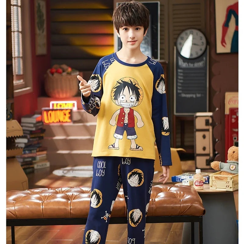 One Piece: Luffy Cute Cartoon Kids Pajamas Suit 3-14 Y Boys Autumn Thin Long Sleeves Home Clothes Sleepwear Set Kids Gift