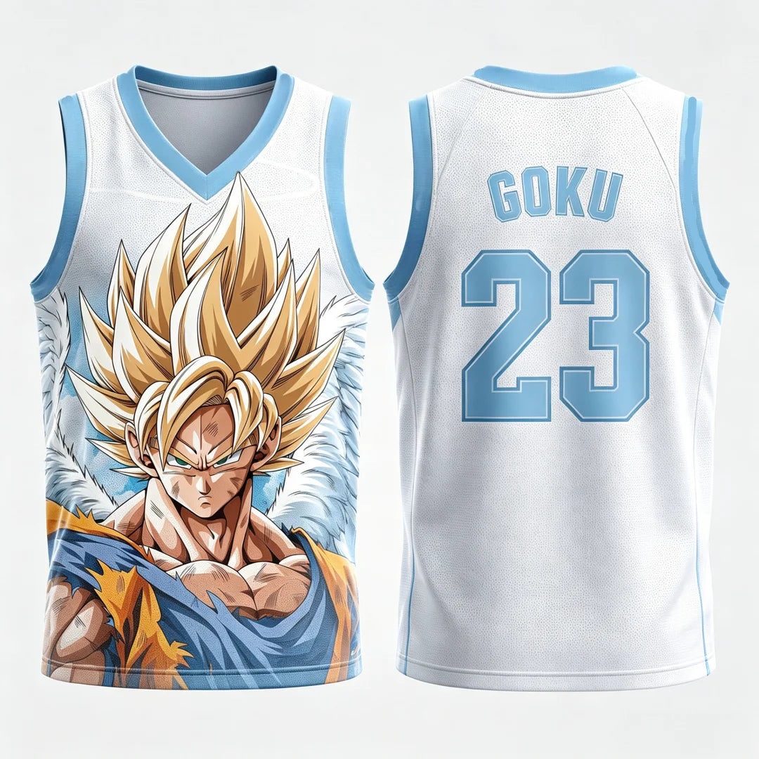 Dragon Ball: Goku Super Saiyan No.23 Basketball Jersey Men 3D Print Sports Vest White Gold Gradient Anime Streetwear Tank Top
