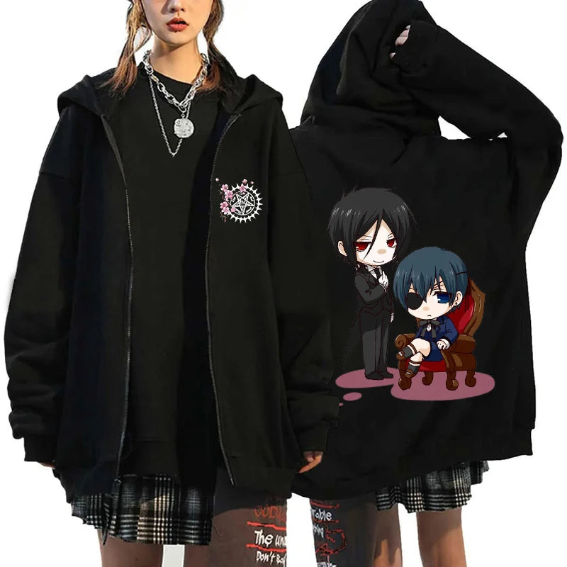 Anime Black Butler Michaelis Sebastian Phantomhive Ciel Print Hooded Men Women Hoodies Casual Sweatshirt Harajuku Zipper Jacket