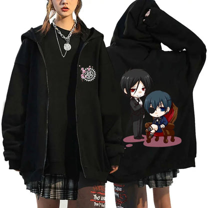 Anime Black Butler Michaelis Sebastian Phantomhive Ciel Print Hooded Men Women Hoodies Casual Sweatshirt Harajuku Zipper Jacket