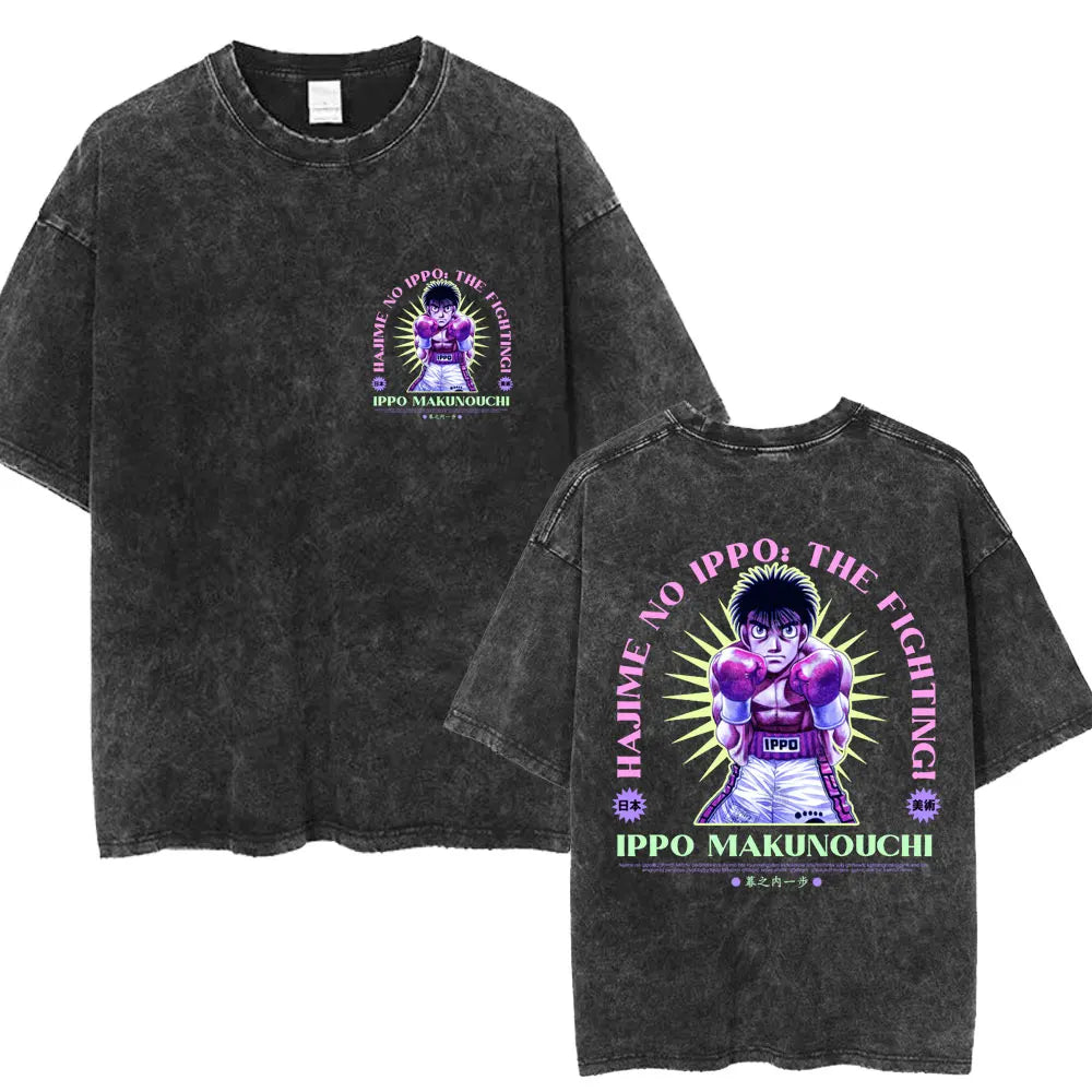 Anime Ippo Makunouchi Manga Graphic Print T-shirt Retro Washed Cotton Oversized Men Women Summer Harajuku Fashion Casual New Tee