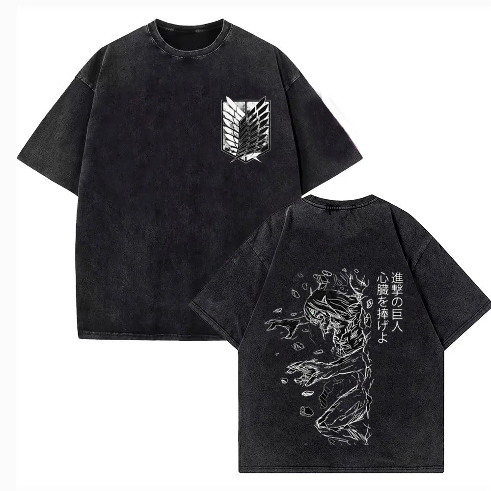 Attack on Titan: Vintage Washed Print T-shirt Mikasa Ackerman Eren Jaeger Wings of Freedom Mens High Quality Cotton T-shirts