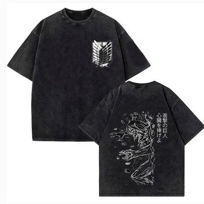 Attack on Titan: Vintage Washed Print T-shirt Mikasa Ackerman Eren Jaeger Wings of Freedom Mens High Quality Cotton T-shirts