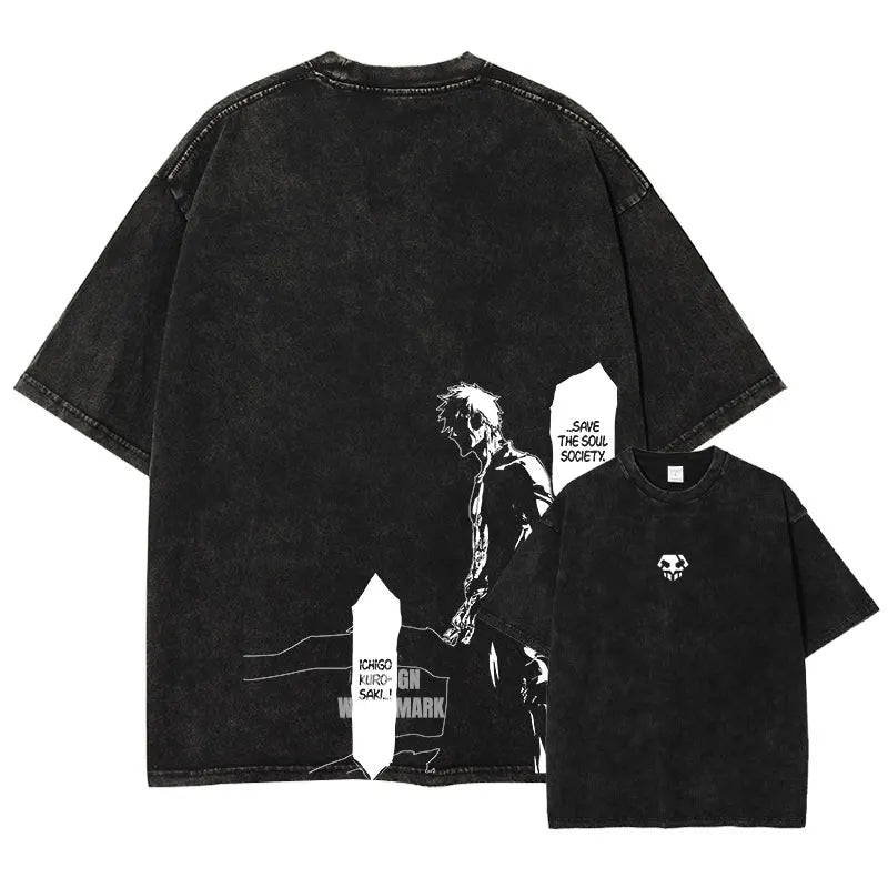 Bleach: Zaraki Kenpachi T Shirts Oversized Vintage Washed  T-shirt Manga Kurosaki Ichigo T Shirt Renji Uryuu Tops Tees Man