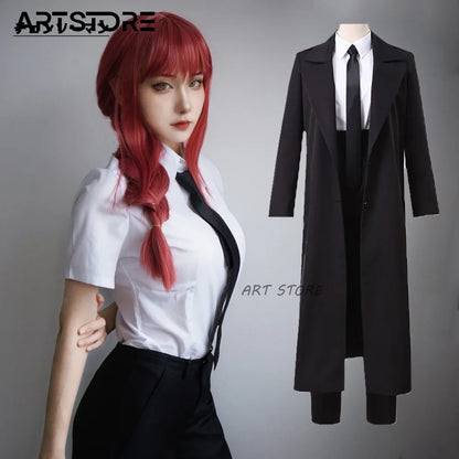 Chainsaw Man: Makima Cosplay Black Trench Shirt Tie Pants Makima Wig Long Light Red Braid Uniform