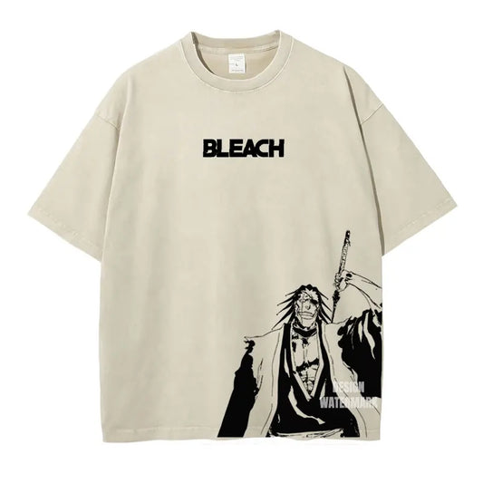 Bleach: Zaraki Kenpachi T Shirts Oversized Vintage Washed  T-shirt Manga Kurosaki Ichigo T Shirt Renji Uryuu Tops Tees Man