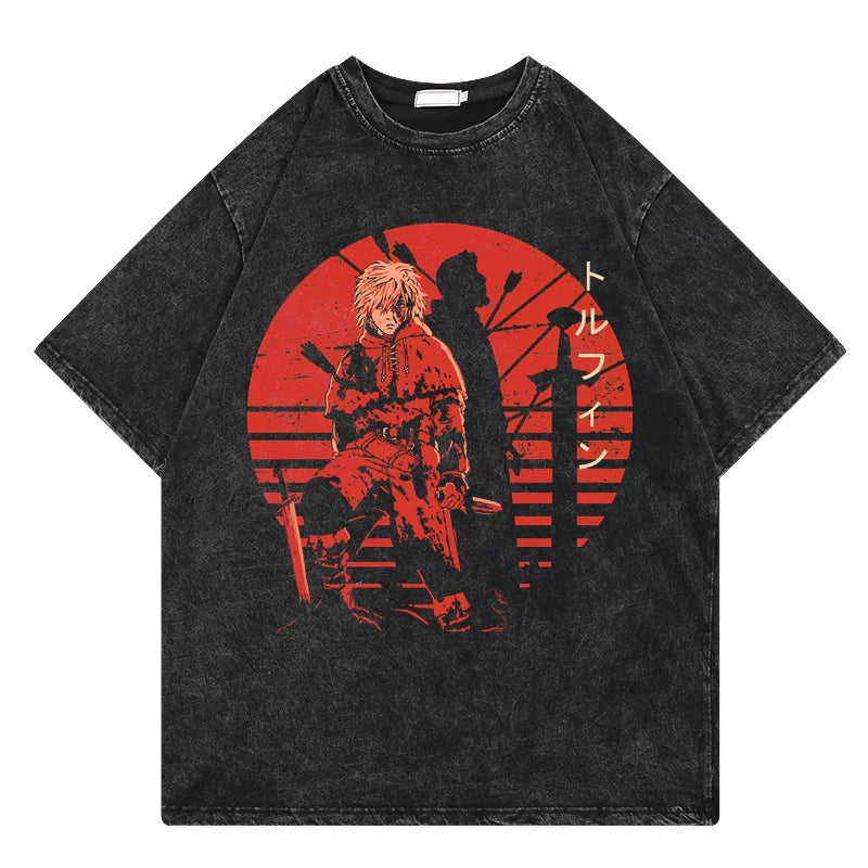 Vinland Saga: Vintage Washed Tshirt Graphic Print Hip Hop Streetwear Loose Y2k Summer Short Sleeve Harajuku 100% Cotton Top