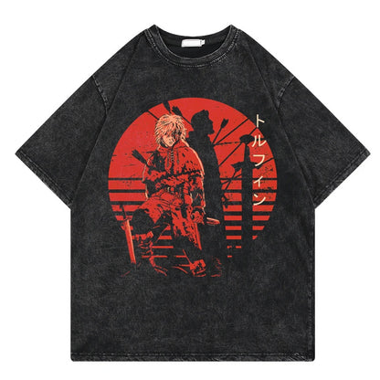 Vinland Saga: Vintage Washed Tshirt Graphic Print Hip Hop Streetwear Loose Y2k Summer Short Sleeve Harajuku 100% Cotton Top