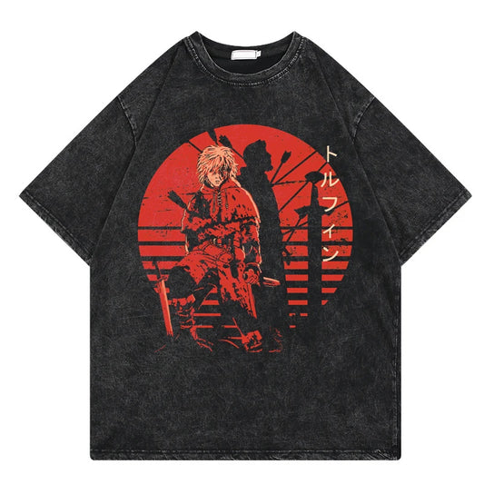Vinland Saga: Vintage Washed Tshirt Graphic Print Hip Hop Streetwear Loose Y2k Summer Short Sleeve Harajuku 100% Cotton Top
