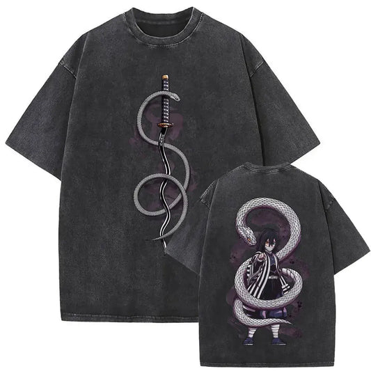 Demon Slayer: Washed Vintage Anime Akaza Graphic T-shirts Men Women Clothing Cotton Oversized Short Sleeve T Shirts Streetwear