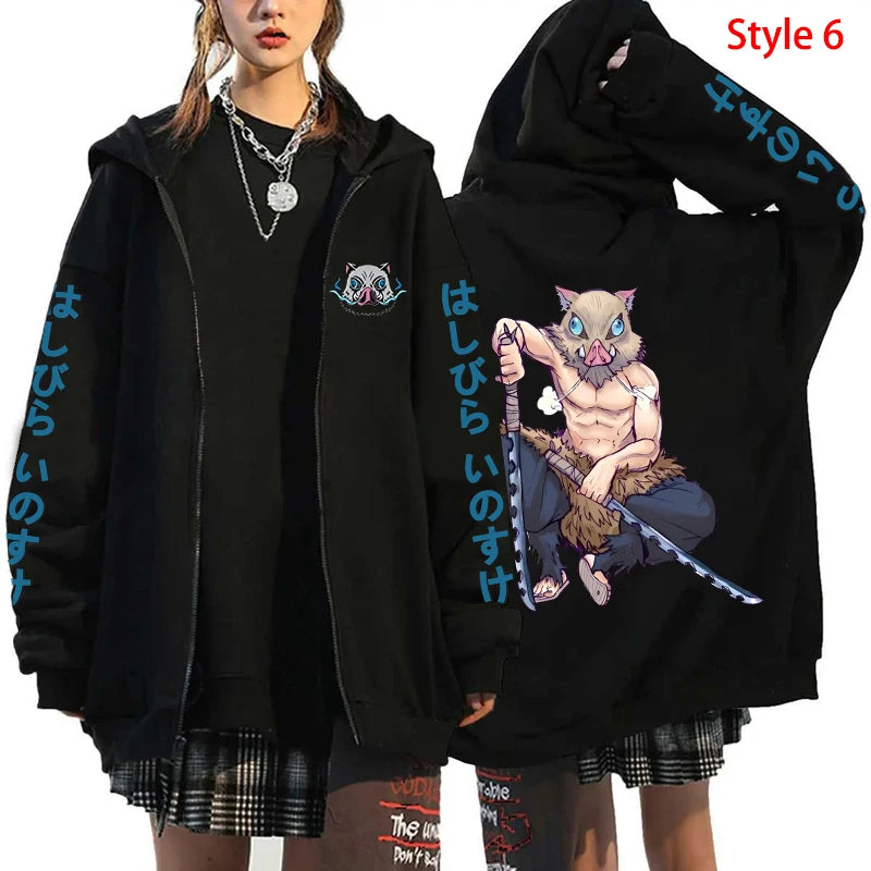 Demon Slayer: Hot Hashibira Inosuke Printing Zipper Hoodie Fashion Y2k Personality Zipper Long Sleeve Hooded Sweatshirt