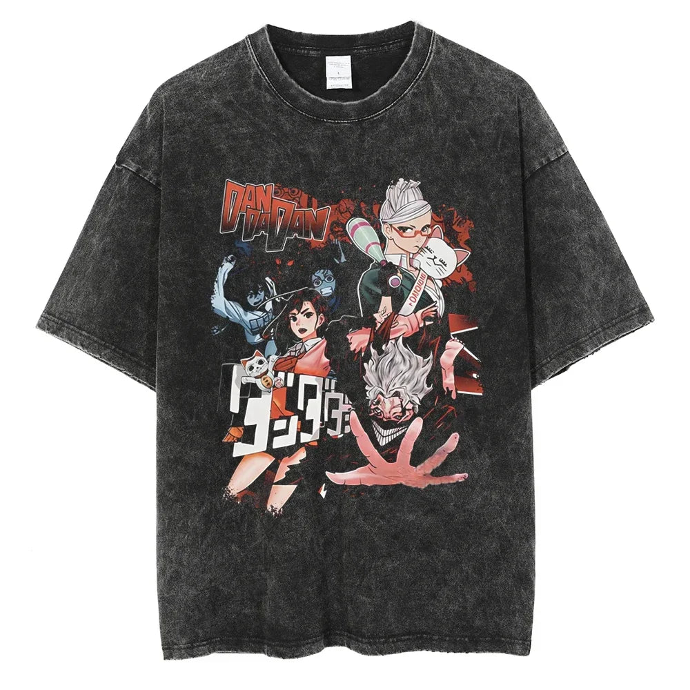 Dandadan :26 Anime Okarun Ken Takakura Print Washed Tshirt Men Manga Vintage T-shirts Oversized Cotton T Shirt Harajuku Male Tops