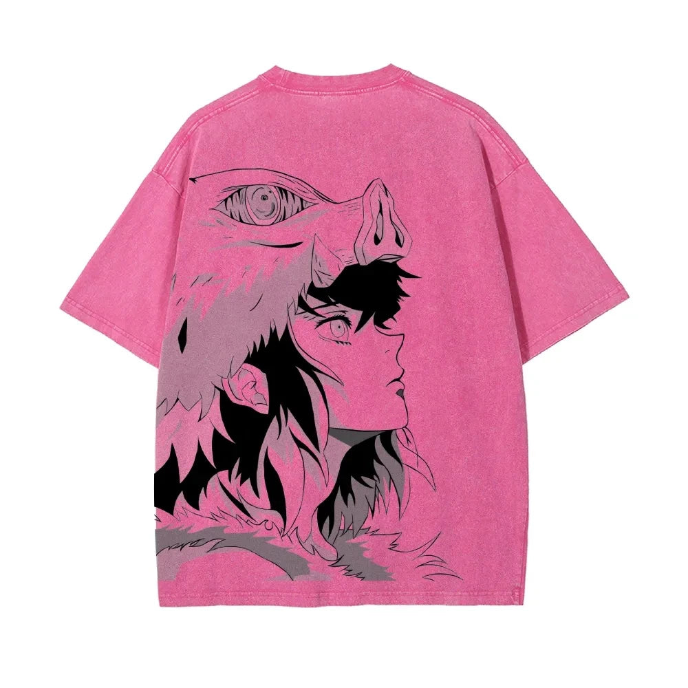 Demon Slayer: Men's Women's Washed T-Shirt Inosuke Hashibira Summer Spring Anime Tee Retro Distressed High Quality Short Sleeve