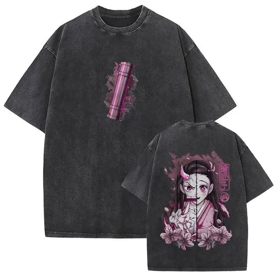 Demon Slayer: Washed Vintage Anime Akaza Graphic T-shirts Men Women Clothing Cotton Oversized Short Sleeve T Shirts Streetwear