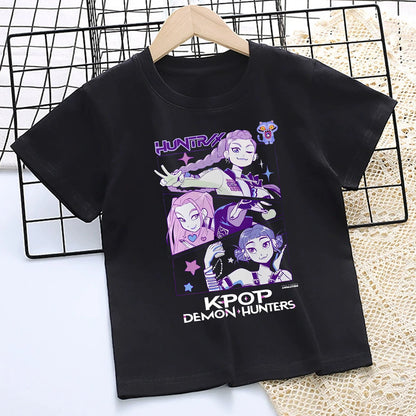 KPop Demon Hunters: T-shirt for Children Cartoon Black Tee Top Girls Round Collar Short Sleeve Clothes Kids Summer Clothing Gift