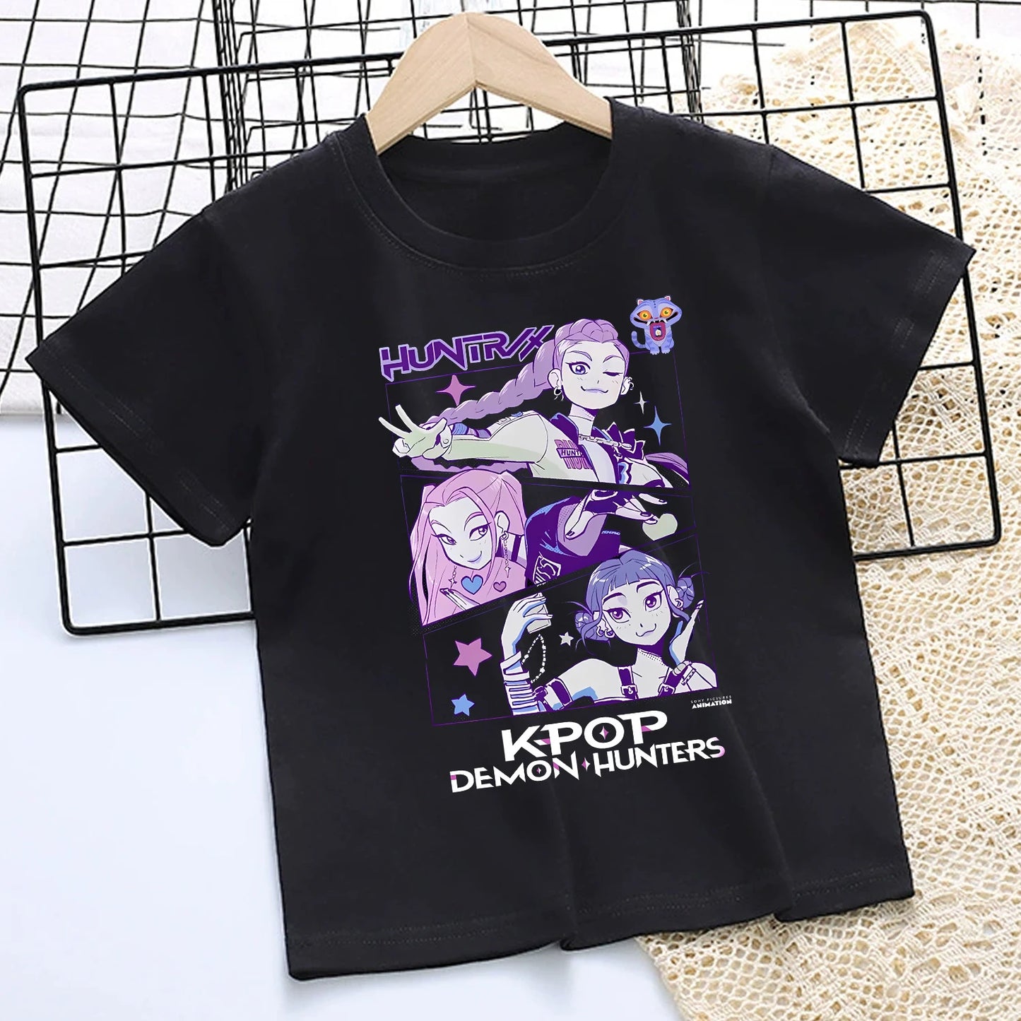 KPop Demon Hunters: T-shirt for Children Cartoon Black Tee Top Girls Round Collar Short Sleeve Clothes Kids Summer Clothing Gift