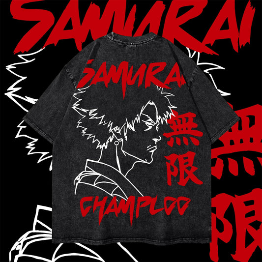 Samurai Champloo: Mugen Graphic Retro T Shirt Summer Y2K Streetwear Washed Cotton Men Tops Clothing