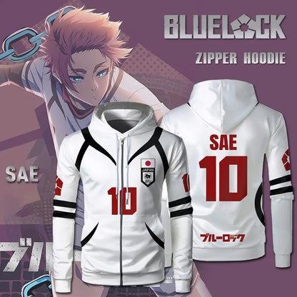 Blue Lock: U20 Team Zipper Hoodie Autumn Winter Street Trend Long Sleeve Coat Japanese Anime Sae Shidou Casual Sports Sweatshirt
