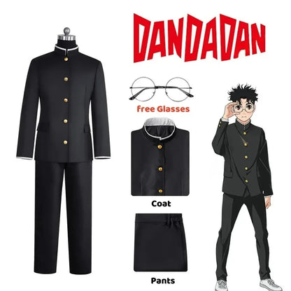 Dandadan: Ken Takakura Cosplay Costume Wig Anime Okarun School Uniform Black Jacket Pants Gakuran Glasses Halloween Party Men