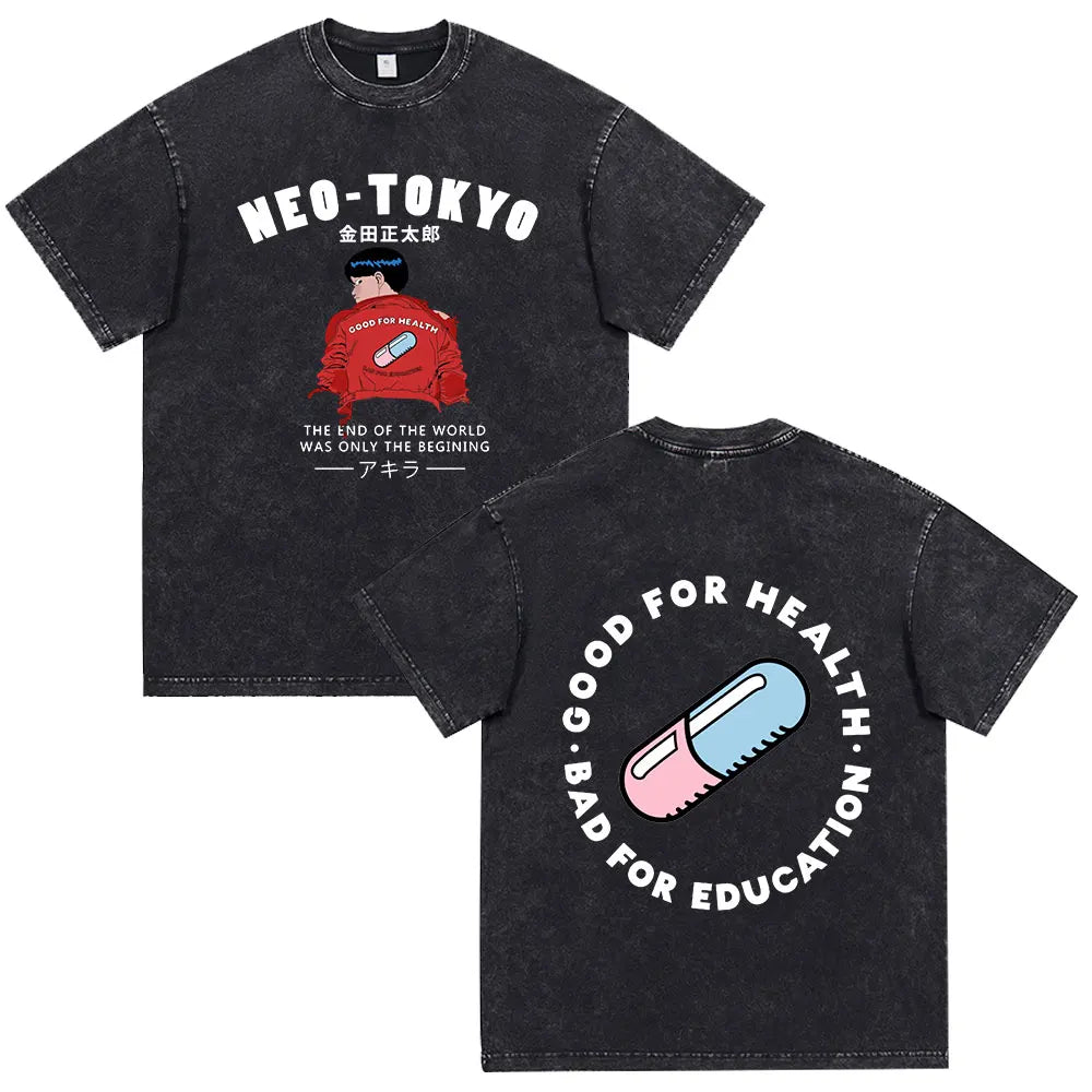 Akira: Washed Vintage T Shirt Science Fiction Cartoon Movie Shotaro Kaneda T-shirt Cotton Casual T-shirt