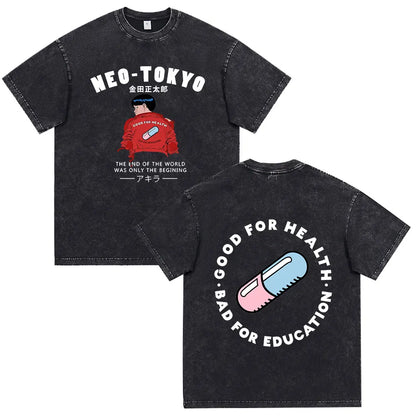 Akira: Washed Vintage T Shirt Science Fiction Cartoon Movie Shotaro Kaneda T-shirt Cotton Casual T-shirt