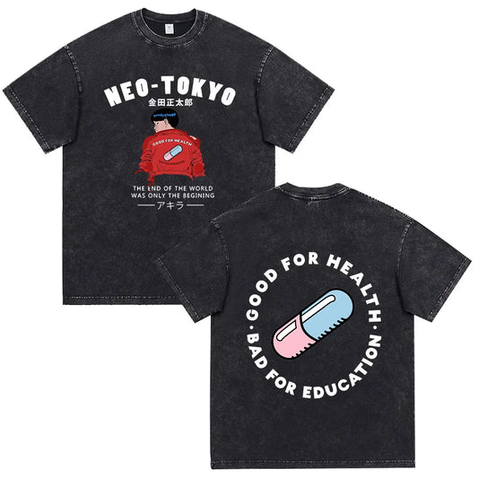 Akira: Washed Vintage T Shirt Science Fiction Cartoon Movie Shotaro Kaneda T-shirt Cotton Casual T-shirt