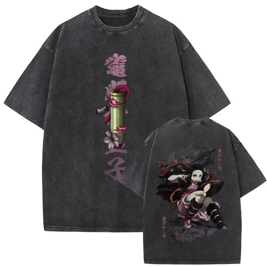 Demon Slayer: Washed Vintage Anime Akaza Graphic T-shirts Men Women Clothing Cotton Oversized Short Sleeve T Shirts Streetwear